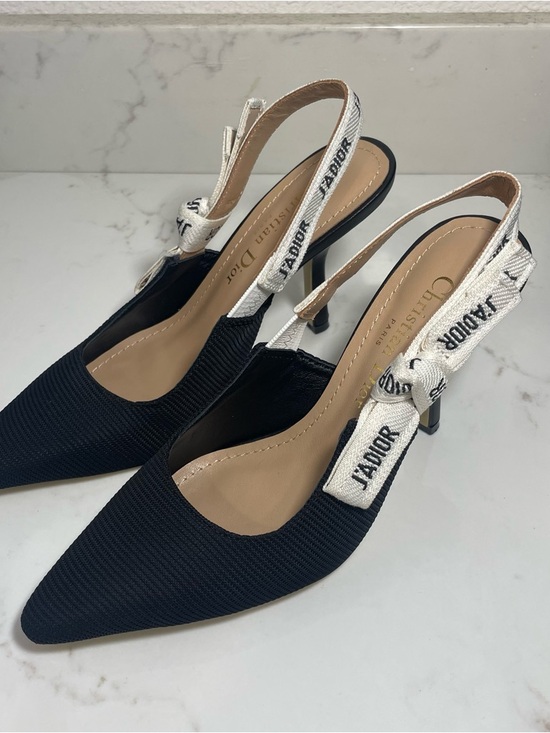 Dior Shoes - Dior Black Pointed Slingback Heels with White J'Adior Ribbon